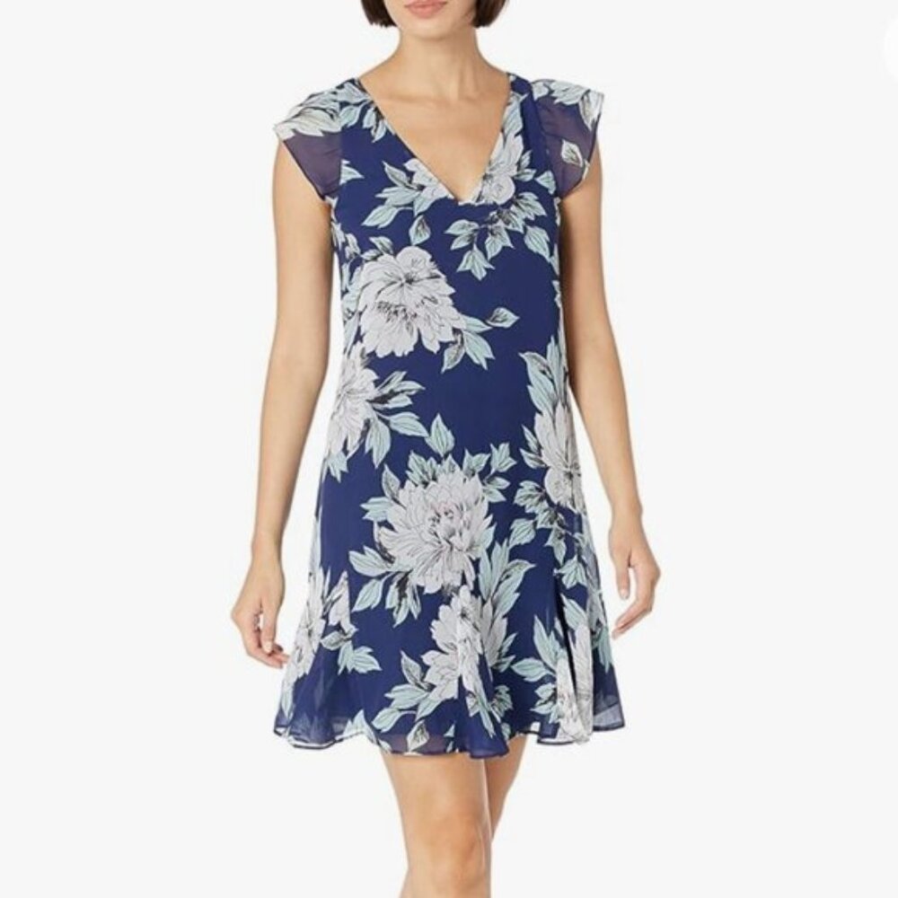 Adrianna Papell V Neck Shrt Sleeve Zip Back Floral Print Godet Hem Chiffon Dress